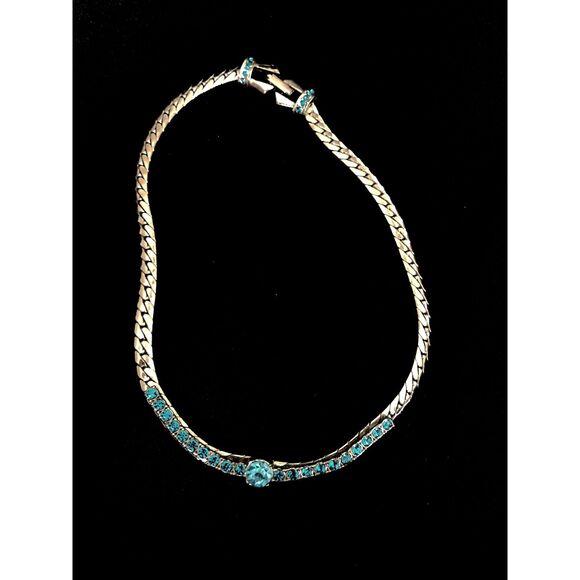 Vintage Aqua Rhinestone Choker on Heavy Silver-Tone Serpentine Omega Chain 1940s - Picture 2 of 11